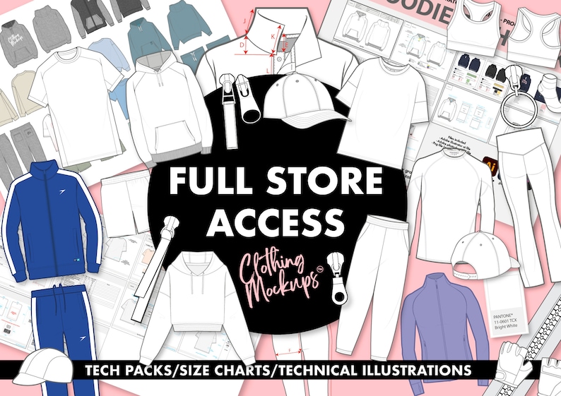 Complete store access fashion design tech pack vector illustration streetwear drawing apparel mockup art template digital fashion sketch image 1