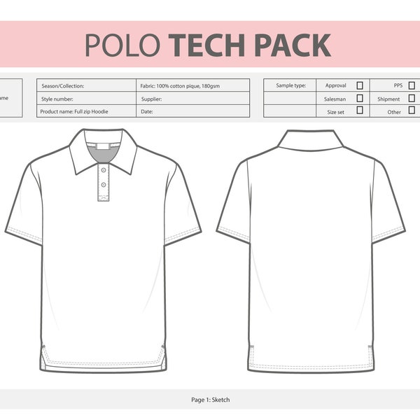 Polo shirt pique TECH PACK illustrator Photoshop Procreate size chart supplier ready