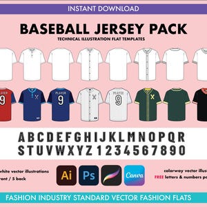 May include: A set of 10 baseball jersey flat templates, including 5 front and 5 back views. The jerseys are in black and white, and feature different colorways, including red, blue, green, and black. The templates include letters and numbers for customization.  The image also includes the text "INSTANT DOWNLOAD", "BASEBALL JERSEY PACK", "TECHNICAL ILLUSTRATION FLAT TEMPLATES", "ABCDEFGHIJKLMNOPQR STUVWXYZ 1234567890", "10 black and white vector illustrations 5 Front / 5 back", "Ai Ps Canva", "colorway vector illustrations FREE letters & numbers page included", and "FASHION INDUSTRY STANDARD VECTOR FASHION FLATS".