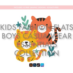 May include: Two cartoon tigers, one orange and one yellow, with black stripes. The orange tiger is sitting with its tail curled around its body. The yellow tiger is sitting with its legs crossed. The tigers are surrounded by green leaves and flowers. The text "KIDS FASHION FLATS BOYS CASUAL WEAR ESSENTIALS COLLECTION" is written in a colorful font.