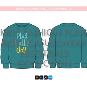 May include: A teal blue sweatshirt with a crew neck and long sleeves. The front of the sweatshirt has the text "Play all day" in a light blue, yellow, and brown font with small leaf designs.