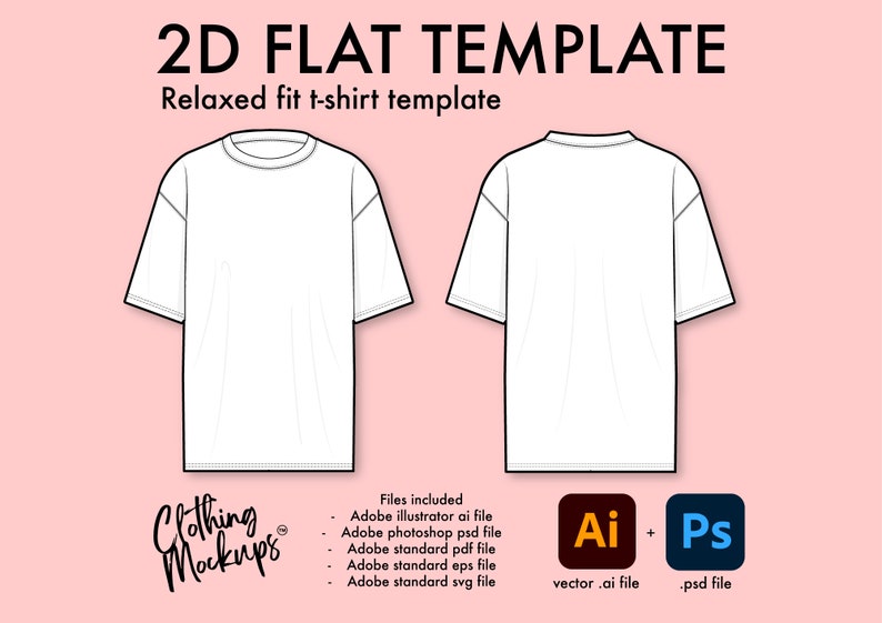 K&ouml;nnte beinhalten: Eine wei&szlig;e T-Shirt-Vorlage mit lockerer Passform. Die Vorlage wird von vorne und hinten gezeigt. Das Bild enth&auml;lt den Text "2D FLAT TEMPLATE" und "Relaxed fit t-shirt template".