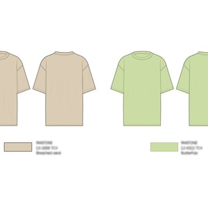 K&ouml;nnte beinhalten: Zwei Mockups eines T-Shirts, eines in Beige und eines in Hellgr&uuml;n. Die T-Shirts werden in Vorder- und R&uuml;ckansicht gezeigt. Der Text "Clothing Mockups" befindet sich in der oberen rechten Ecke des Bildes. Der Text "Marooned" befindet sich unterhalb jedes Mockups, zusammen mit dem Farbnamen und einem Farbmuster.