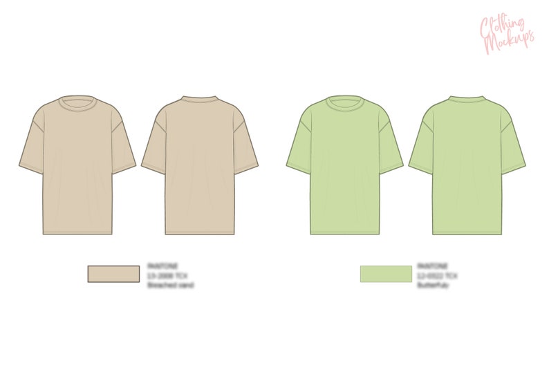 K&ouml;nnte beinhalten: Zwei Mockups eines T-Shirts, eines in Beige und eines in Hellgr&uuml;n. Die T-Shirts werden in Vorder- und R&uuml;ckansicht gezeigt. Der Text "Clothing Mockups" befindet sich in der oberen rechten Ecke des Bildes. Der Text "Marooned" befindet sich unterhalb jedes Mockups, zusammen mit dem Farbnamen und einem Farbmuster.