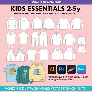 Op de afbeelding: Een set van 18 technische illustratiestencils voor kinderkleding, met verschillende stijlen zoals hoodies, t-shirts, broeken en overalls. De stencils zijn in zwart-wit en zijn ontworpen voor gebruik in modeontwerp en -illustratie.