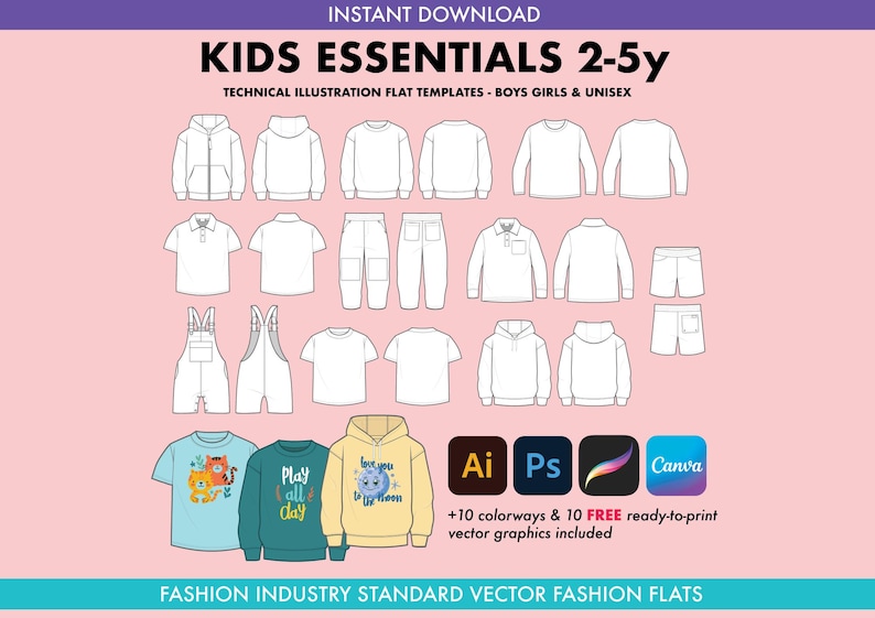 May include: A set of 18 technical illustration flat templates for kids' clothing, featuring various styles like hoodies, t-shirts, pants, and overalls. The templates are in black and white and are designed for use in fashion design and illustration.