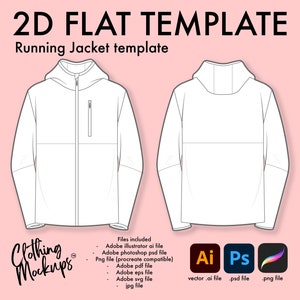 May include: A white running jacket template with a zipper and a hood. The template is shown from the front and back. The image includes the text "2D FLAT TEMPLATE" and "Running Jacket template".
