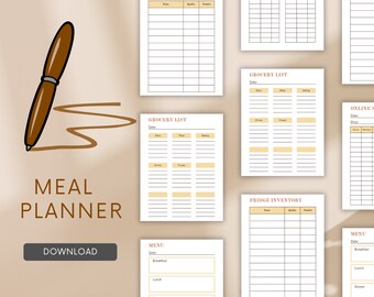 Meal Planner Printable | Weekly Food Diary Bundle | Daily Food Journal | Monthly Meal Tracker | Fitness Diet Menu| Grocery List Digital