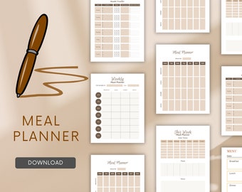 Meal Planner Printable | Weekly Food Diary Bundle | Daily Food Journal | Monthly Meal Tracker | Fitness Diet Menu| Grocery List Digital