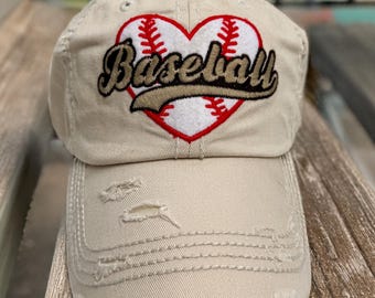 Distressed Baseball Mom Hat: Heart Embroidery, Adjustable Cap