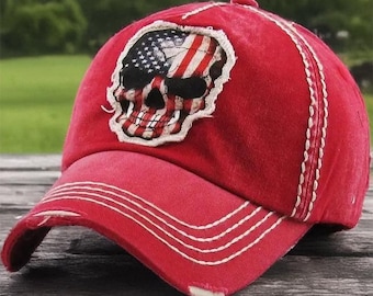 Distressed American Flag Skull Trucker Hat | Patriotic Dad Cap