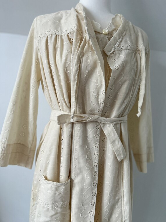 Handmade Vintage Cream Eyelet Nightgown and Robe Set:… - Gem