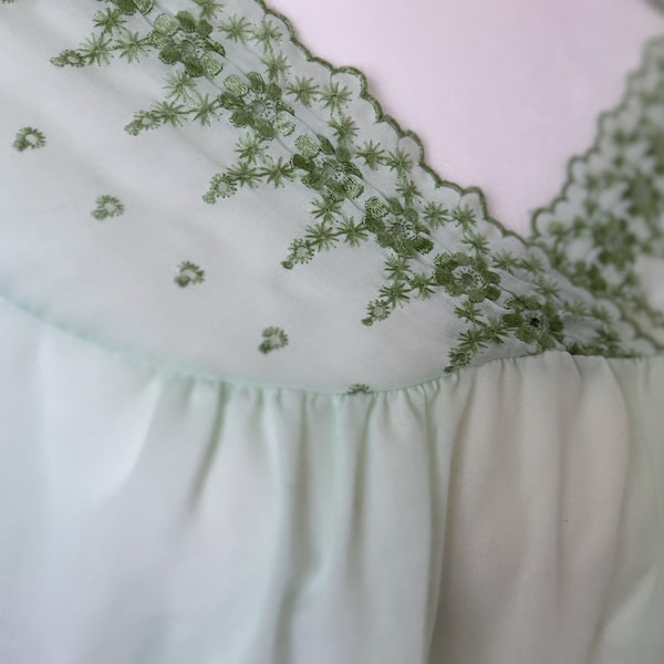 Vintage Handmade Minty Green Embroidered Cotton Nightie: Cottagecore Comfort, Romantic, Ethereal Ruffled Hem Nightgown Women's Leisure