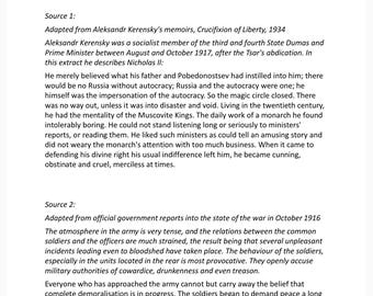 May include: Text from historical sources on Dissent and Revolution in Russia, 1917. The text includes excerpts from Aleksandr Kerensky's memoirs and official government reports, discussing the political climate and military tensions.