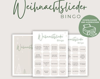 May include: Two printable Christmas bingo cards with a green title that says "Weihnachtslieder Bingo". The cards feature a grid of squares with German Christmas song titles in each square. The cards are designed for up to 70 people.