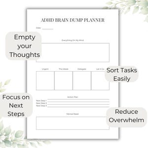 May include: A white ADHD Brain Dump Planner with text that reads "Empty your Thoughts", "Sort Tasks Easily", "Focus on Next Steps", and "Reduce Overwhelm". The planner includes sections for tasks and an action plan, with floral accents.