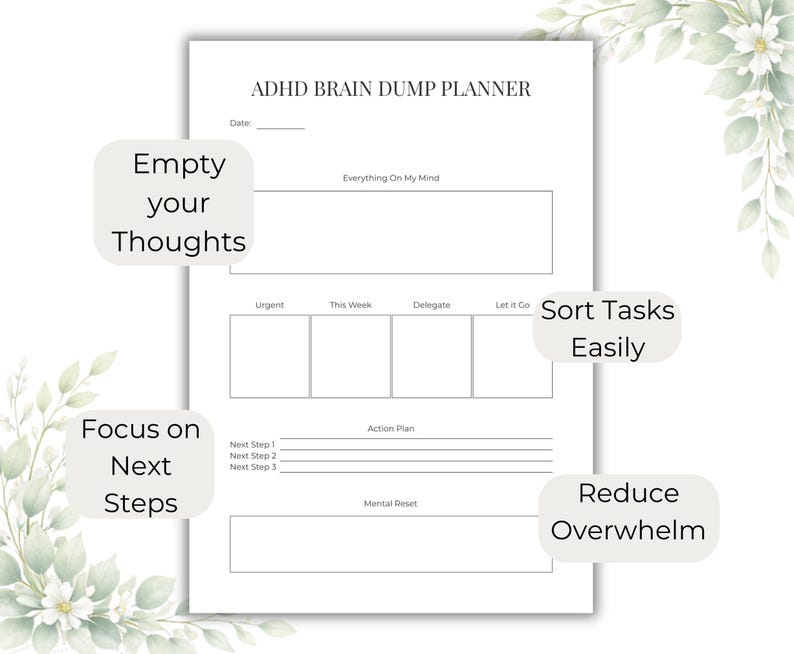 May include: A white ADHD Brain Dump Planner with text that reads "Empty your Thoughts", "Sort Tasks Easily", "Focus on Next Steps", and "Reduce Overwhelm". The planner includes sections for tasks and an action plan, with floral accents.