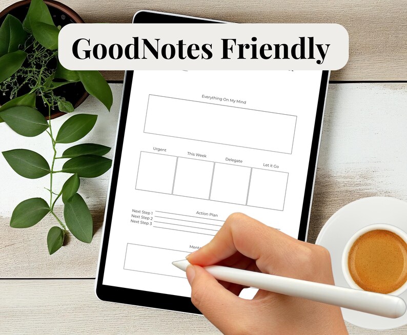 May include: A digital planner on a tablet with the text "GoodNotes Friendly." The planner includes sections for "Everything On My Mind," "Urgent," "This Week," "Delegate," and "Let It Go." A hand is using a stylus to write on the planner. A cup of coffee is in the background.