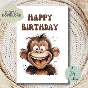 Biglietto di auguri di compleanno stampabile. Download istantaneo. Biglietto di auguri di buon compleanno da 7 x 5 pollici. Biglietto stampabile con faccia di scimmia divertente. Stampa a casa