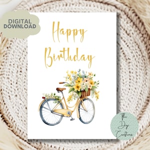 Carte de voeux d'anniversaire imprimable. Téléchargement instantané. Carte de joyeux anniversaire 7 x 5 pouces. Carte imprimable vélo floral. Impression à la maison