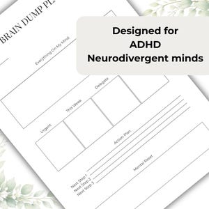 May include: A white planner page with the text "ADHD Brain Dump Plan" and "Designed for ADHD Neurodivergent minds." The planner includes sections for "Urgent," "This Week," and "Action Plan."