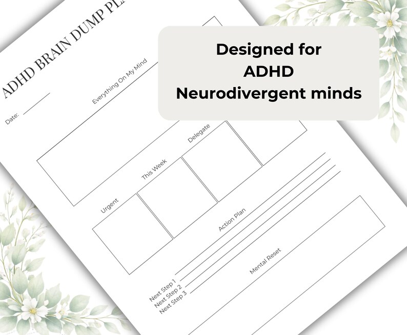 May include: A white planner page with the text "ADHD Brain Dump Plan" and "Designed for ADHD Neurodivergent minds." The planner includes sections for "Urgent," "This Week," and "Action Plan."