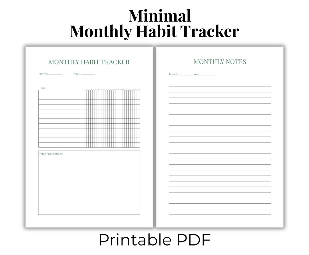 Minimalist Monthly Habit Tracker | Printable PDF Planner | Green - Etsy