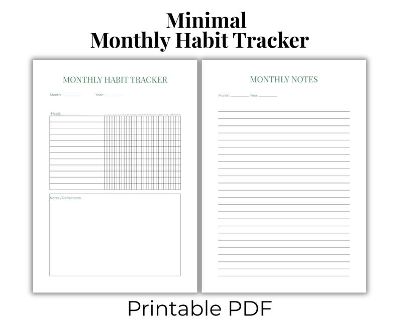 Minimalist Monthly Habit Tracker | Printable PDF Planner | Green - Etsy