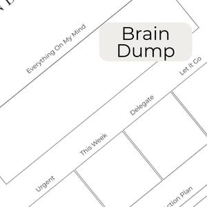 May include: A white planner page with the words "Brain Dump" in a light gray rectangle. The page has lines and boxes with the words "Everything On My Mind", "Urgent", "This Week", "Delegate", and "Let it Go".