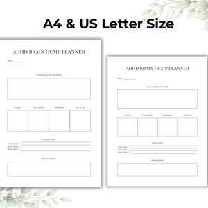 May include: Two white ADHD Brain Dump Planner sheets, one A4 size and one US Letter size, with sections for notes, action plans, and mental reset. The text "A4 & US Letter Size" is at the top.