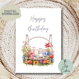 Printable Birthday Greeting Card. Instant Download. 7 x 5 inch Happy Birthday Card. Cat On Floral Chair Printable Card. Print at Home