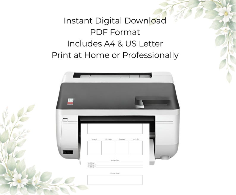 May include: A white and gray printer with a printed document. The document has a grid layout with the words "Urgent", "This Week", and "Complete". Text on the image reads "Instant Digital Download PDF Format Includes A4 & US Letter Print at Home or Professionally".