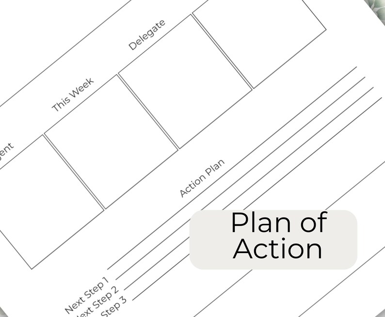 May include: A white planner page with a grid layout for weekly planning. The page includes sections labeled "This Week," "Delegate," and "Action Plan." The phrase "Plan of Action" is in a light-colored rectangle.