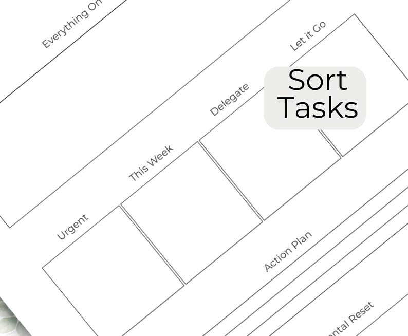 May include: A black and white planner page with text boxes and lines for organizing tasks. The text includes "Everything On", "Urgent", "This Week", "Delegate", "Action Plan", "Mental Reset", "Let it Go", and "Sort Tasks".