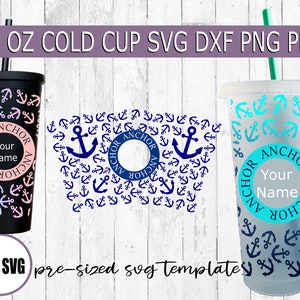 Puede incluir: Un diseño digital para un vaso frío de 24 onzas con un ancla azul y el texto "Anchor" con un área de texto personalizable para "Your Name". El diseño está rodeado de un patrón de pequeñas anclas azules.