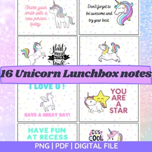 Einhorn Lunch Box Notizen, Lunch Notiz Karten, Back to School LunchBox Notizen, Set von 16 druckbare Lunch Box Notizen für Mädchen, Instant Download