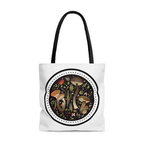 Woodland Magic Tote Bag mit schwarzem Henkel, Pilzen, Hagebutten und Grün