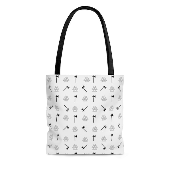 Viking Axes and Valknut Tote in White and Black, Viking Axe Pattern, Odin's Valknut, Norse, Germanic Symbolism