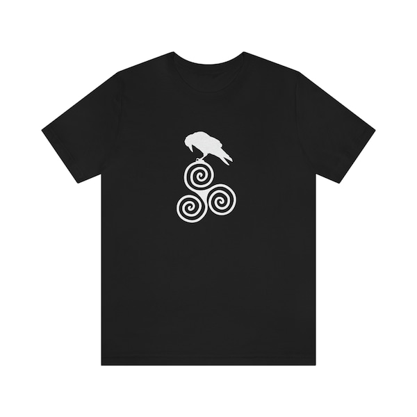 Raven and Triple Spiral Jersey Tee, Celtic Pagan T-Shirt, Crow Corvus Triskele Shirt