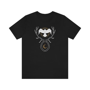 Raven Unisex Tee with Antlers and Moon, Raven T-shirt, Norse, Celtic, Odin, Morrigan, Sacred Raven Short Sleeve Shirt, Pagan Jersey