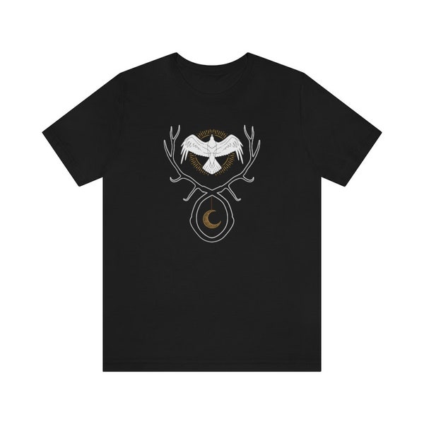 Raven Unisex Tee with Antlers and Moon, Raven T-shirt, Norse, Celtic, Odin, Morrigan, Sacred Raven Short Sleeve Shirt, Pagan Jersey