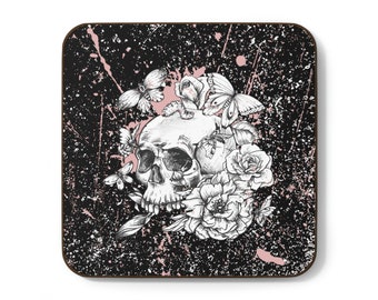 Skull w Flowers Hardboard Coaster, Gothic Grunge Coaster, Pink, and White w Black Background, Gothic Kitchen Accessories
