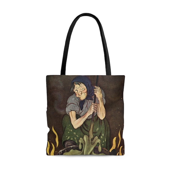 Theodor Kittelsen's Trollkjerring Tote, Norwegian Witch Bag, Witch stirring her bubbling cauldron Satchel