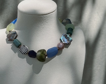Chunky Beaded Choker, Sea Glass & Agate Statement Necklace