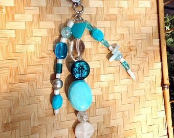 Blue & White Beaded Bag Charm | Silver Hardware | Handmade Boho Accessory