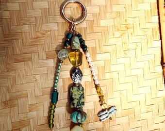 Turquoise Beaded Bag Charm | Green & Yellow Statement Purse Charm | Handmade Boho Accessory