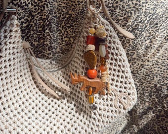 Brown & Red Earth Tones Beaded Bag Charm with Rhino | Handmade Boho Accessory | Wooden Rhino Charm