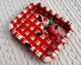 Strawberry Picnic Trinket Dish, Gingham Jewelry Tray with Ants, Handmade Catchall Dish, Whimsical Fruit Decor, Funky Home Decor