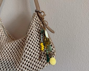 Yellow Beaded Bag Charm with Shell Detail | Coastal Purse Charm | Handmade Statement Accessory