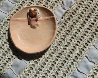 Handmade Clay Ring Dish with Bear | Neutral Jewelry Tray, Trinket Holder